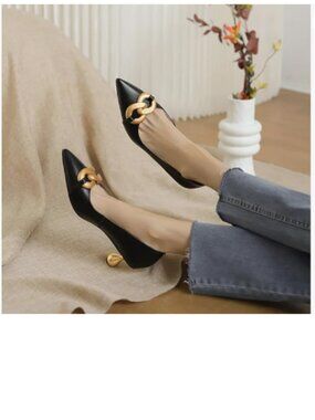 XYD Black Low Heel Pointed Toe Pumps with Metal Chain Solid Golden Heeled Shoes